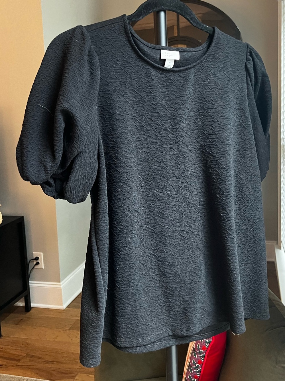 a new day Black Puff Sleeve Textured Short Sleeve Top